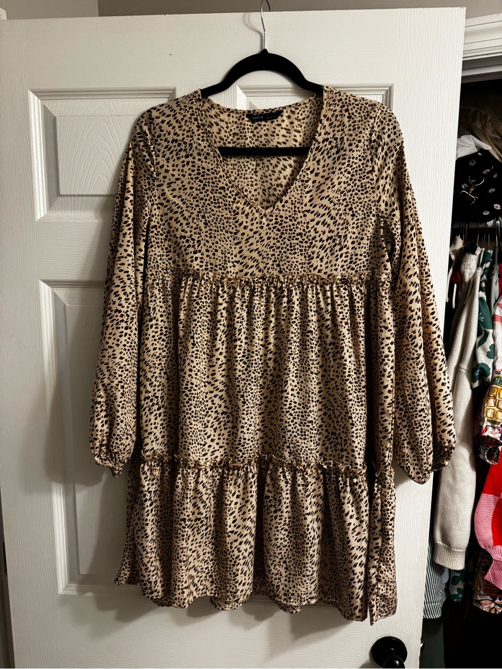 SHEIN Beige and Black Leopard Print Tiered V-Neck Dress